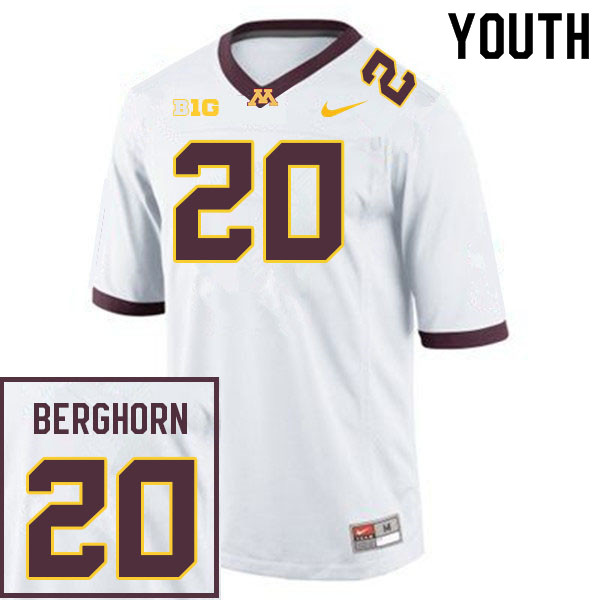 Youth #20 Cole Berghorn Minnesota Golden Gophers College Football Jerseys Sale-White